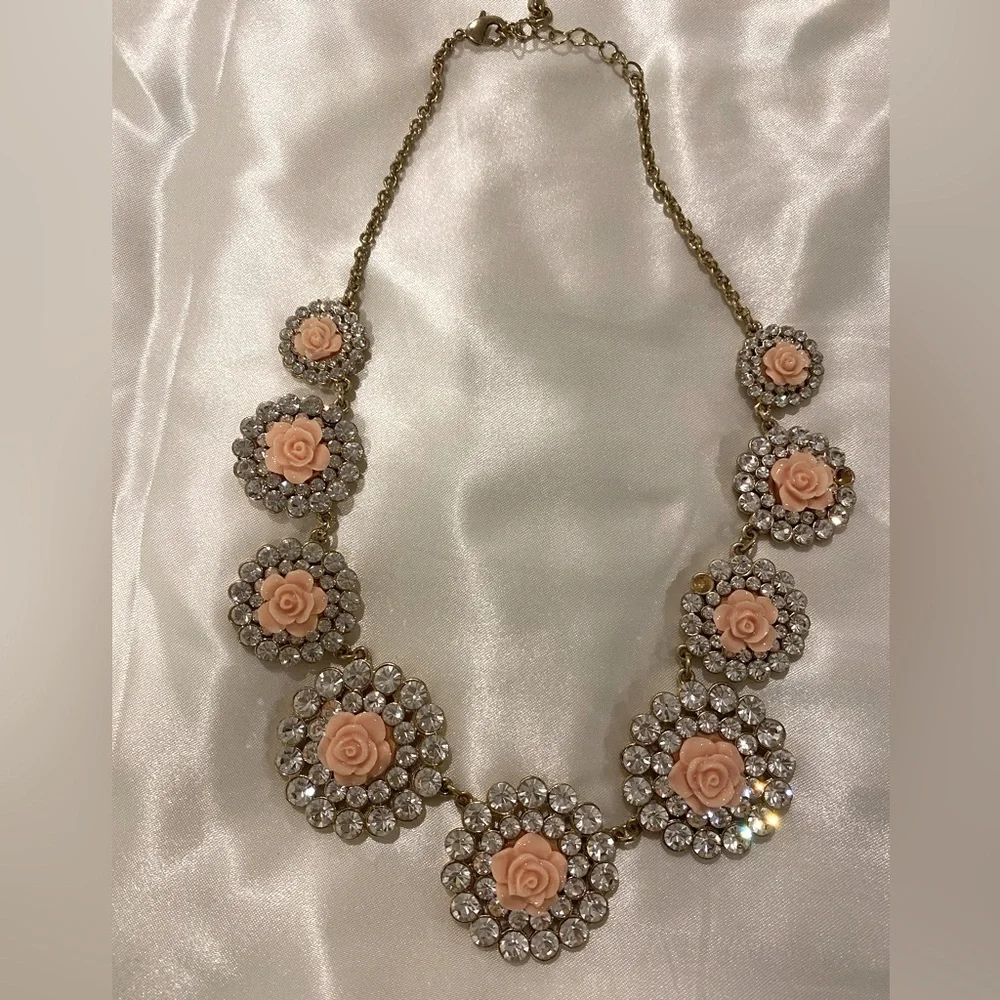 Pink Roses Surrounded by Crystals in this Necklace. Lobster Claw Clasp - Picture 1 of 8